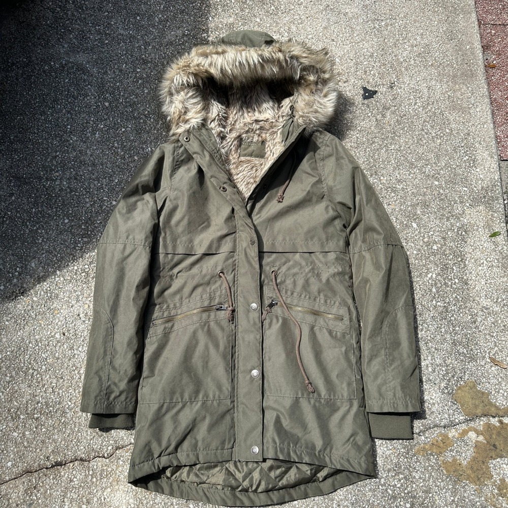 Aeropostale Womens Olive Green Faux Fur Lined Hooded Parka Jacket Size S